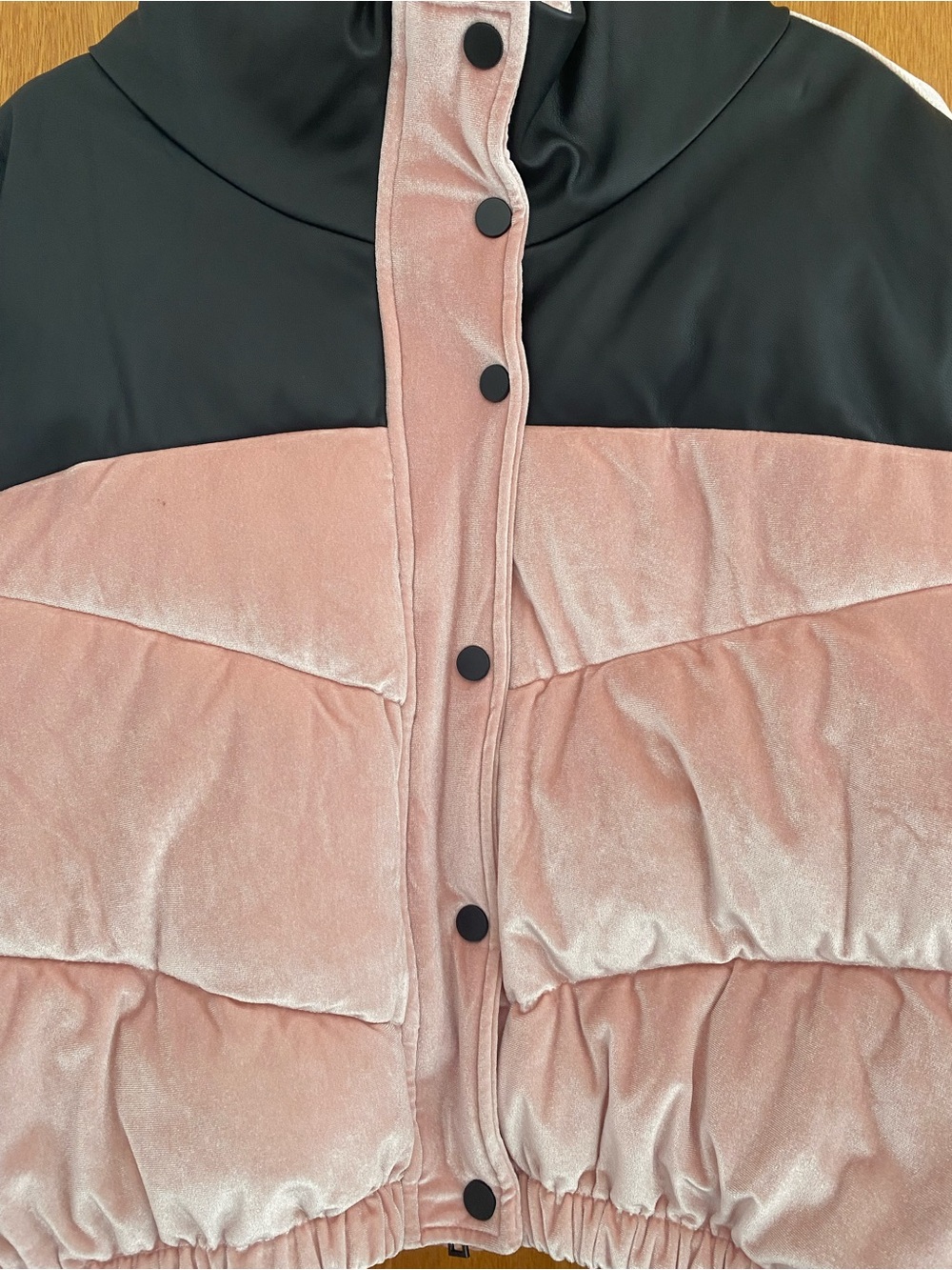 Women's Pink Velvet Puffer Jacket with Black Yoke